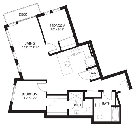 Floor plan for 2 beds, 2 baths, 1055 sqft
